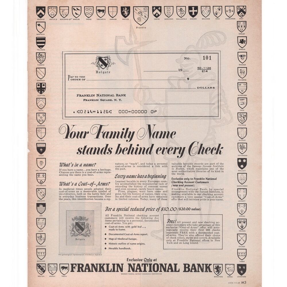 Franklin National Bank Check Advertisement 1968 Vintage Coat of Arms Finance